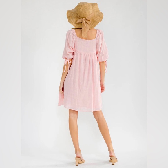 099 • Light Pink Babydoll Mini Dress | Bow Tie Puff Sleeves Cotton Summer Dress - Picture 2 of 6